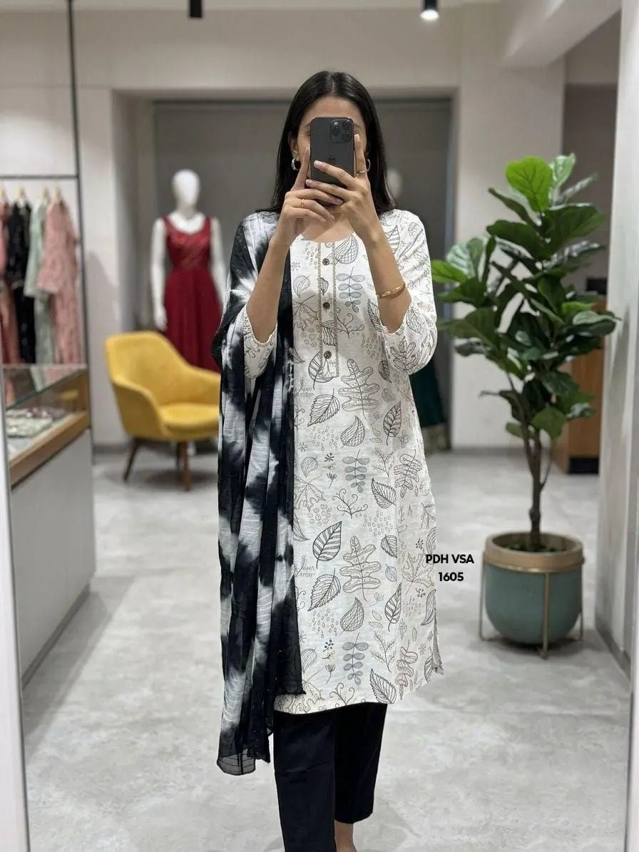 Leaf Printed Black & White Straight Salwar set